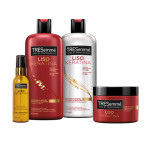 À base de queratina, a gama Liso Keratina, da Tresemmé, fortalece o cabelo e devolve-lhe o brilho e a elasticidade. A gama conta com shampoo, condicionador, máscara e óleo de brilho e cuidado. €7,49 cada.