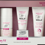 Kit Serum7 Renew, da Boots Laboratoires, traz um leite de limpeza revigorante (30 ml), um sérum renovador (5 ml) e um creme de dia reestruturante com SPF 15 (10 ml). Em farmácias. €12.