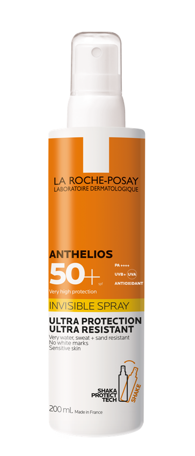 Para o corpo, o Anthelios spray invisível SPF50+, é não pegajoso e não gorduroso. Previne os danos causados pelos raios UVA/UVB, bem como pelos infravermelhos e poluição.  €24,65 (200ml)