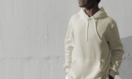 Man in white hoodie streetwear men’s apparel fashion