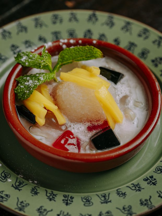 Lod Chong, sobremesa de Noodles de arroz com aroma de pandan e sorbet de coco