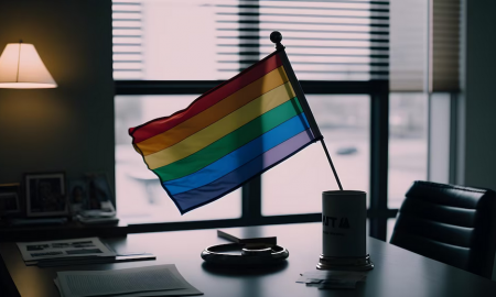 Screenshot 2023-06-28 at 14-04-11 Uma bandeira do arco-íris em uma mesa em um escritório Foto Premium