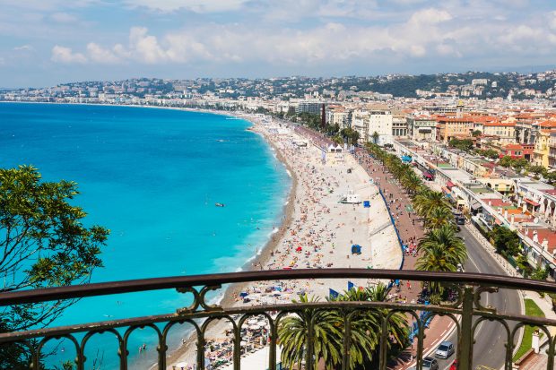 Nice, French Riviera, Cote d'Azur, France. Beach and Promenade des Anglais seen from Parc de la Colline du Chateau,.