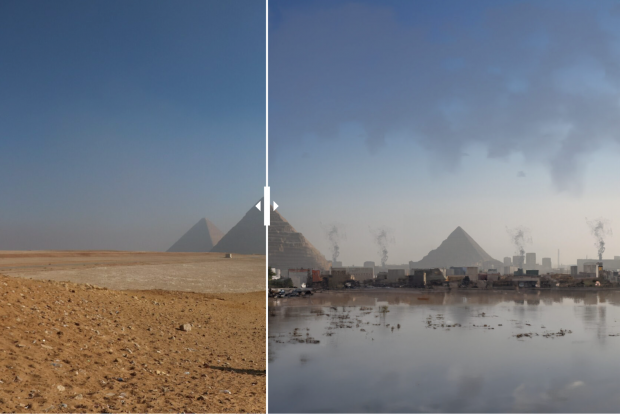 Grande Cairo, no Egito. No lado esquerdo é como se encontra agora e no lado direito é a previsão para 2050. Créditos: DiscoverCars.com