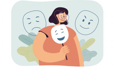 Sad woman hiding emotions under mask flat vector illustration. Cartoon miserable character with false face in negative mood. Personality and psychology concept