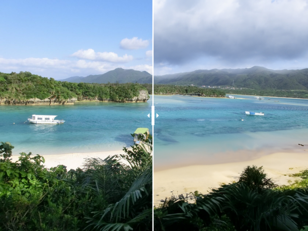 Ilha de Okinawa, Japão. No lado esquerdo é como se encontra agora e no lado direito é como será em 2050. Créditos: DiscoverCars.com