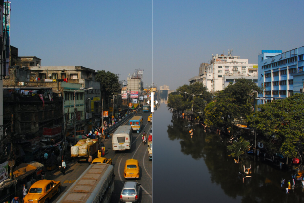 Calcutá, Índia. No lado esquerdo é como se encontra agora e no lado direito é a previsão para 2050. Créditos: DiscoverCars.com