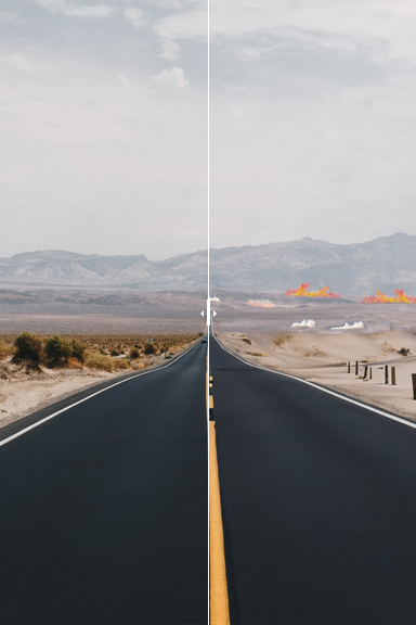 Califórnia. No lado esquerdo é como se encontra agora e no lado direito é a previsão para 2050. Créditos: DiscoverCars.com