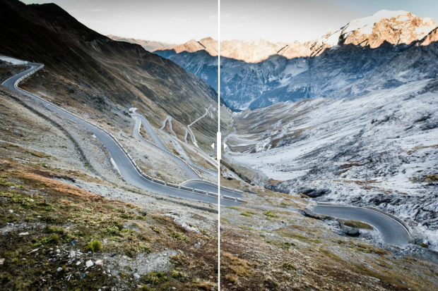 Tirol do Sul, Itália. No lado esquerdo é como se encontra agora e no lado direito é a previsão para 2050. Créditos: DiscoverCars.com