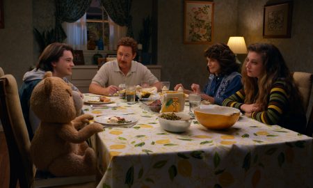 TED -- "Just Say Yes" Episode 101 -- Pictured: (l-r) Seth McFarlane as Ted, Max Burkholder as John, Scott Grimes as Matty, Alanna Ubach as Susan, Giorgia Whigham as Blaire — (Photo by: PEACOCK)