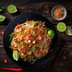 Top view of Pad Thai on a black wooden table, Thai food, national food