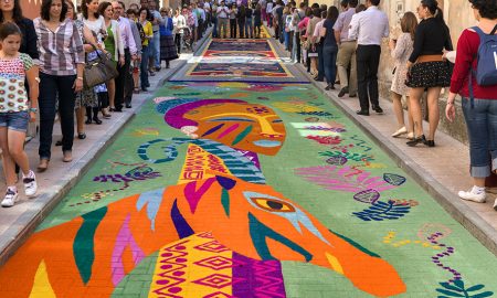 sawdust carpets in the streets of Elche de la Sierra during the celebration of Corpus Christi, Albacete, Castilla La Mancha, Spain