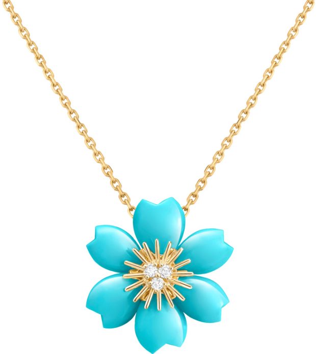 Pendente Rose de Noël, modelo mini, ouro amarelo, turquesa, diamantes 