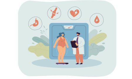 Overweight woman discovering health problems due to obesity. Flat vector illustration. Tiny fat woman weighing next to doctor identifying different diseases like diabetes. Healthcare, obesity concept